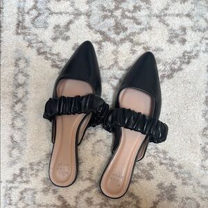 a new day black faux leather mules EUC